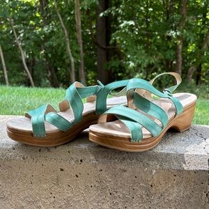 Sanita Teal Strappy Sandals with faux-bois Heel
Very good used condition